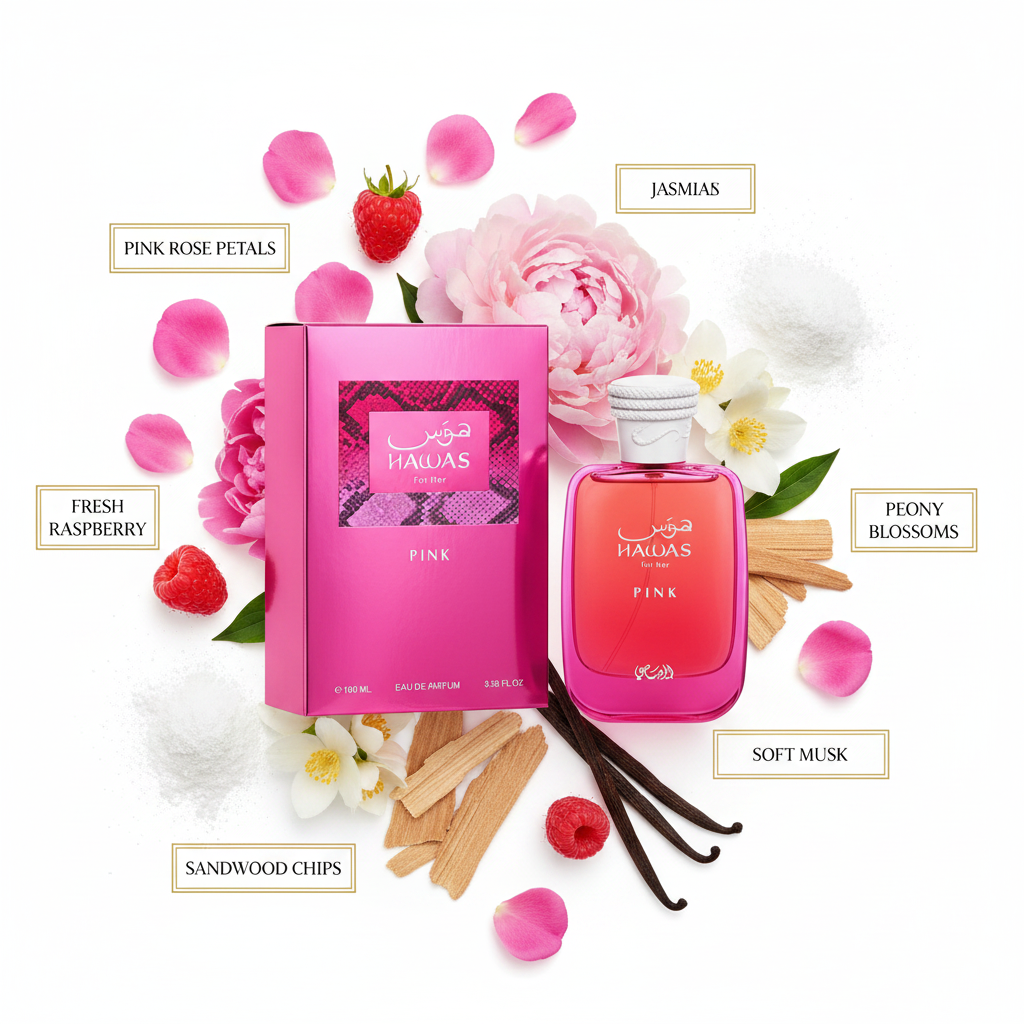 Rasasi Hawas Pink - Notas de frambuesa, peonía, rosa, jazmín, vainilla y almizcle