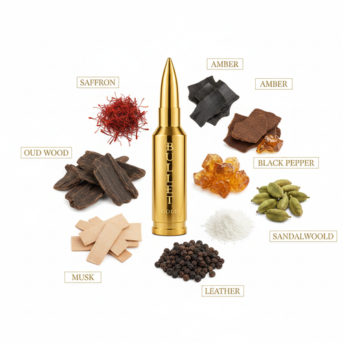 Bharara Bullet Gold - Notas de azafrán, oud, ámbar, pimienta negra y sándalo