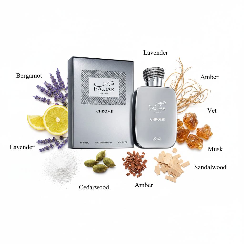 Rasasi Hawas Chrome - Notas de bergamota, lavanda, cardamomo, cedro y ámbar