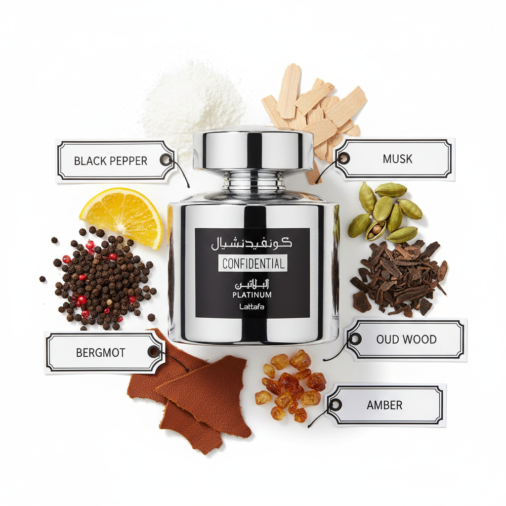 Lattafa Confidential Platinum - Notas de pimienta negra, oud, cuero, sándalo y ámbar