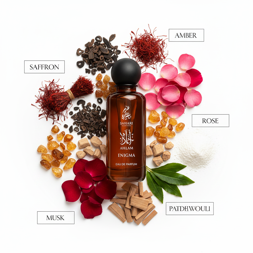 Sahari Ahlam Enigma - Notas de azafrán, oud, patchouli, sándalo y ámbar