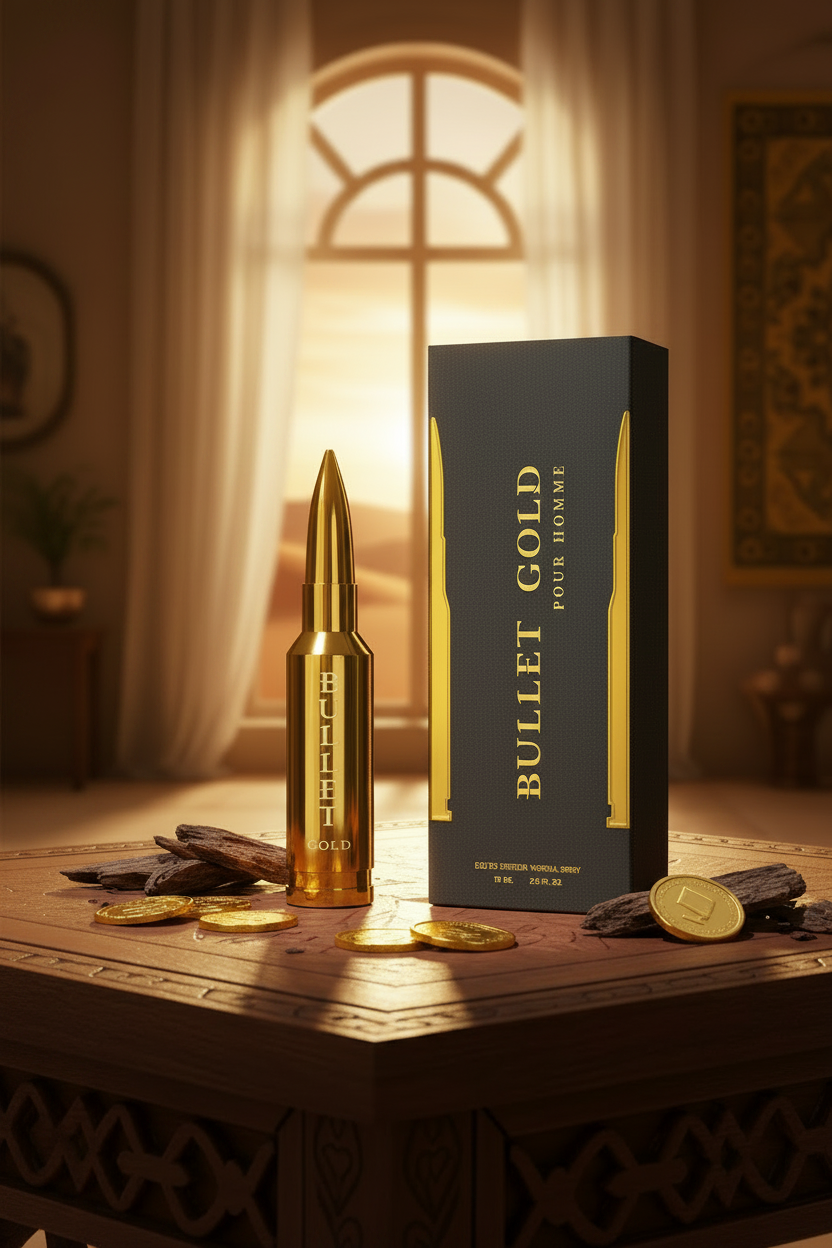 Bharara Bullet Gold Pour Homme Eau de Parfum 75ml - Lifestyle editorial árabe dorada