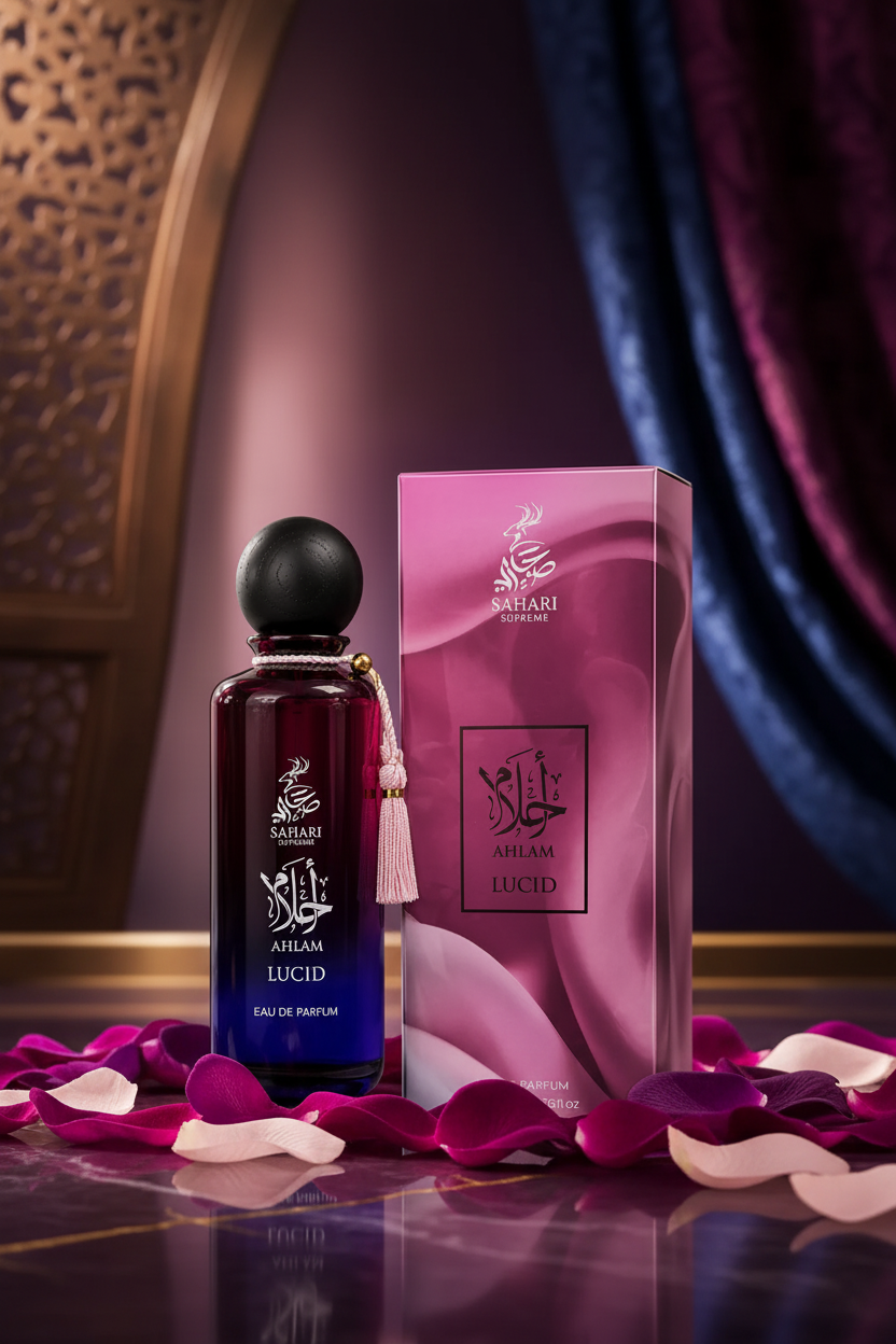 Sahari Ahlam Lucid Eau de Parfum 200ml - Lifestyle editorial árabe púrpura