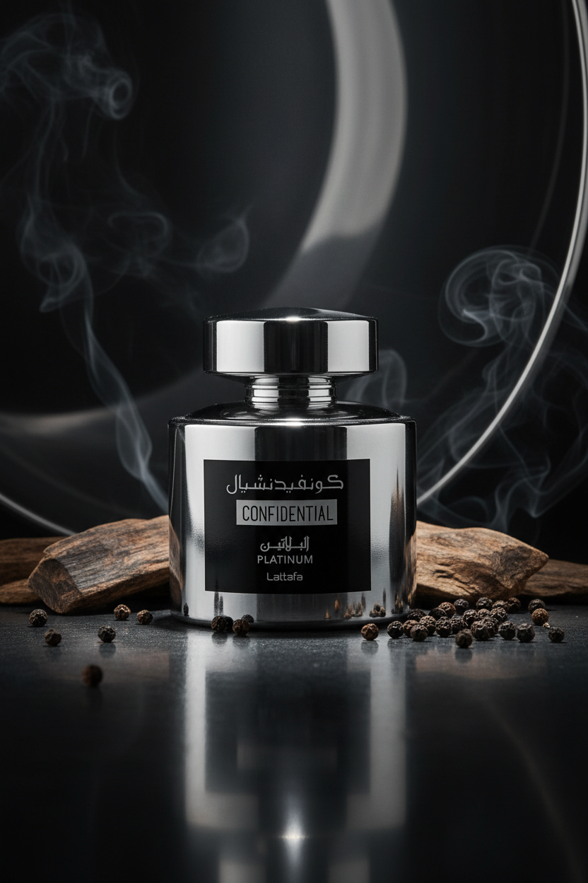 Lattafa Confidential Platinum Eau de Parfum 100ml - Lifestyle editorial árabe plateada