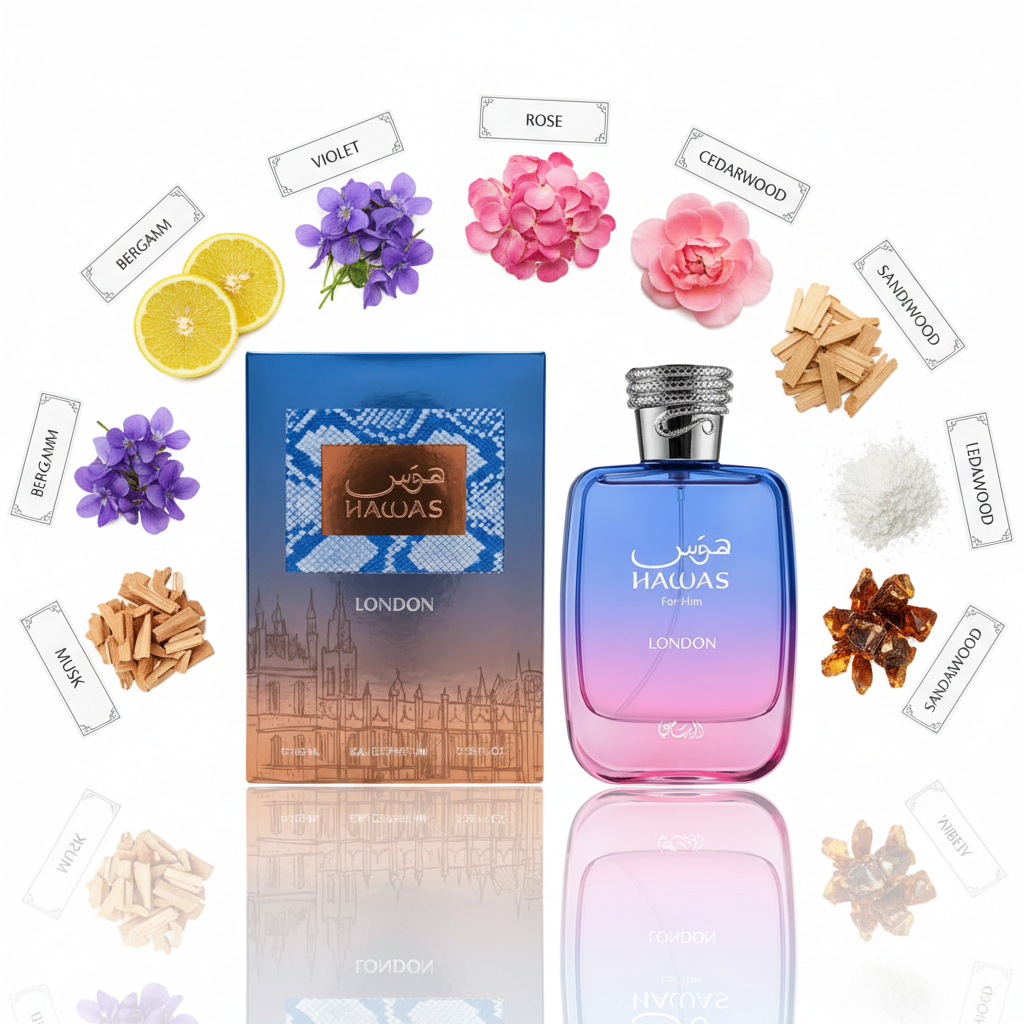 Rasasi Hawas London - Notas de bergamota, violeta, rosa, iris, cedro y almizcle
