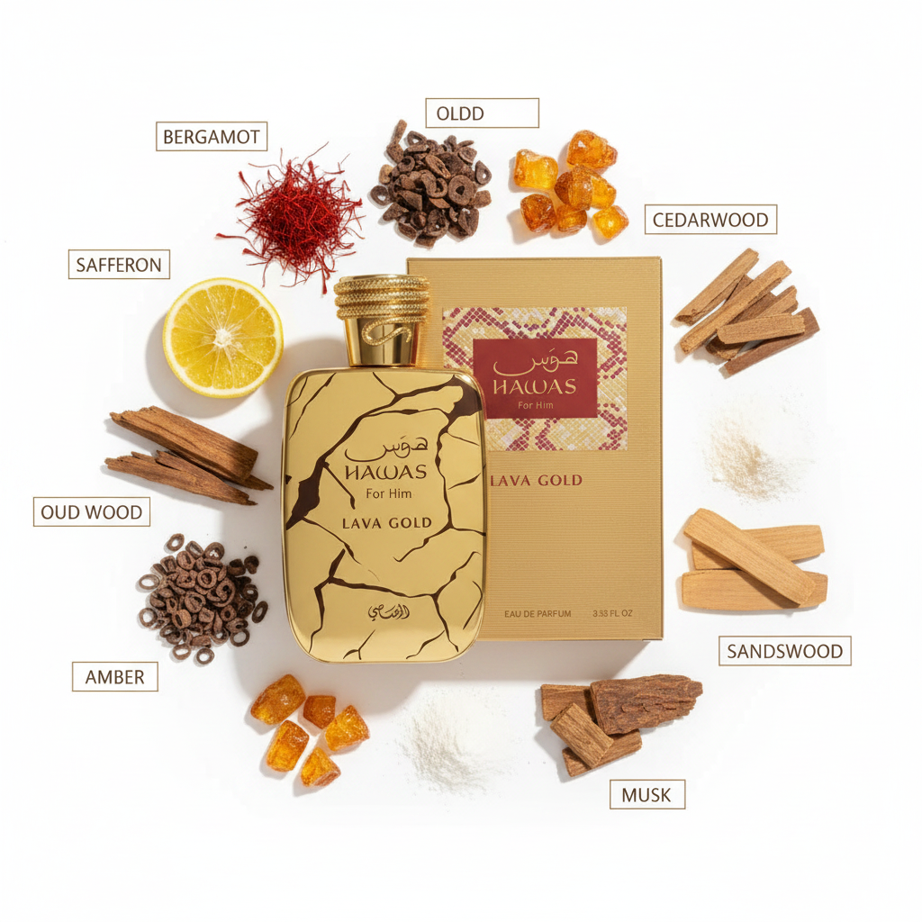 Rasasi Hawas Lava Gold - Notas de bergamota, azafrán, oud, cedro y ámbar