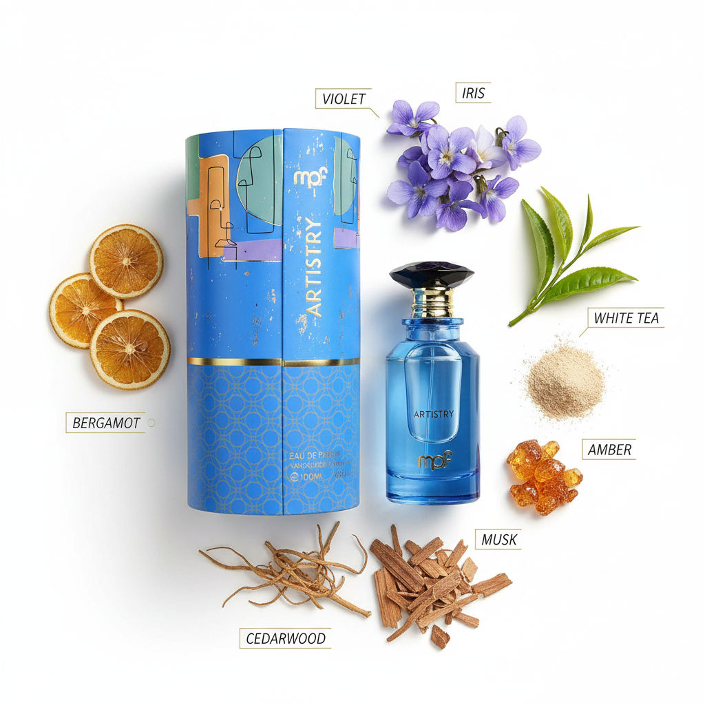 MPF Artistry - Notas de bergamota, violeta, iris, té blanco, cedro y vetiver