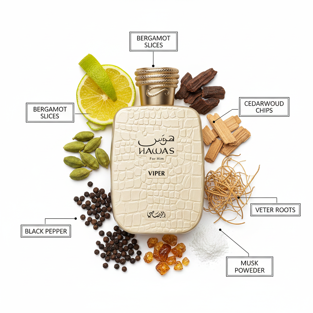 Rasasi Hawas Viper - Notas de bergamota, cardamomo, cedro, oud y almizcle